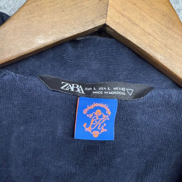 Zara Jacket Men's Large Blue Navy Corduroy Bomber Trucker Boxy Crop Pockets - Picture 3 of 10